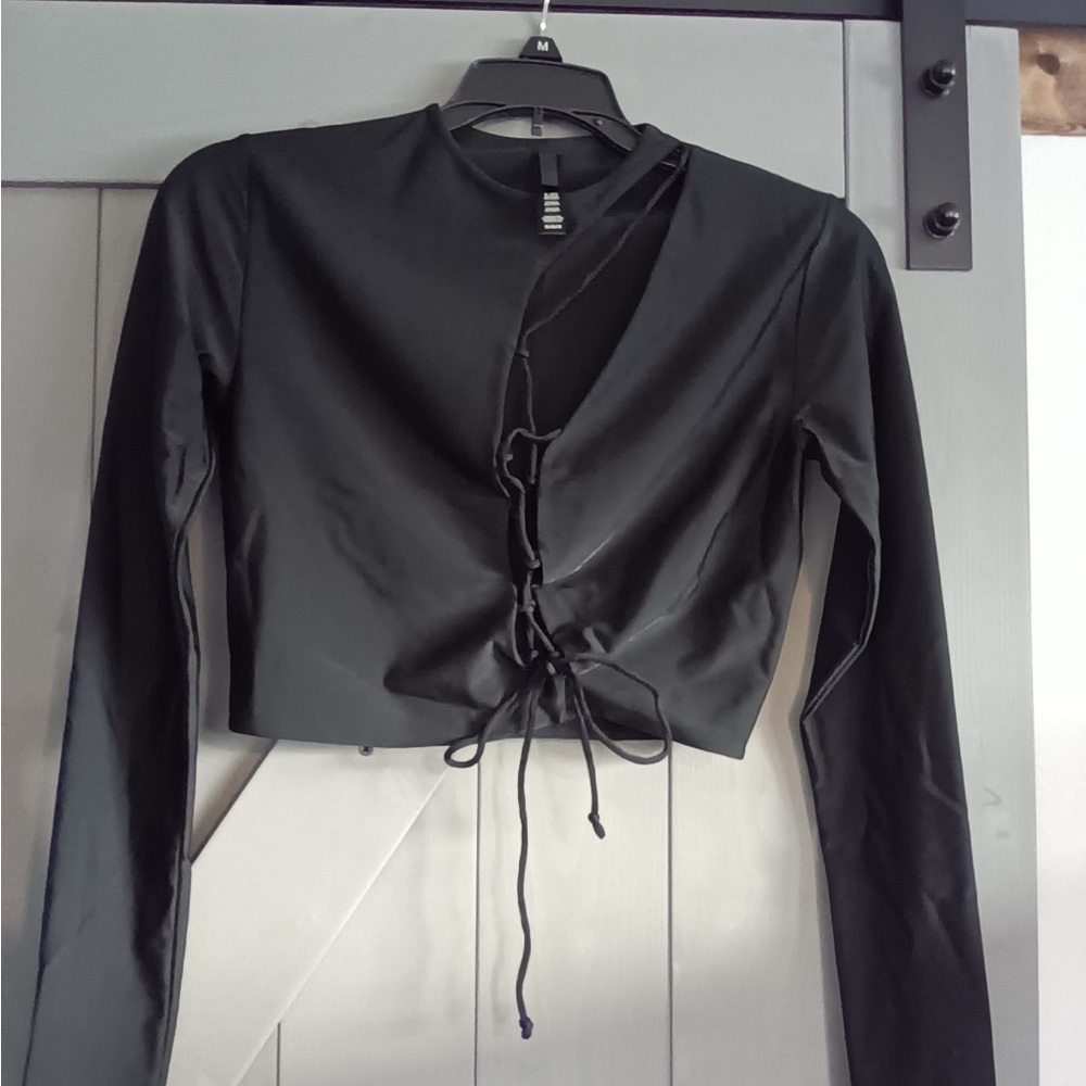 SKIMS Black Long Sleeve Tie-Front Top